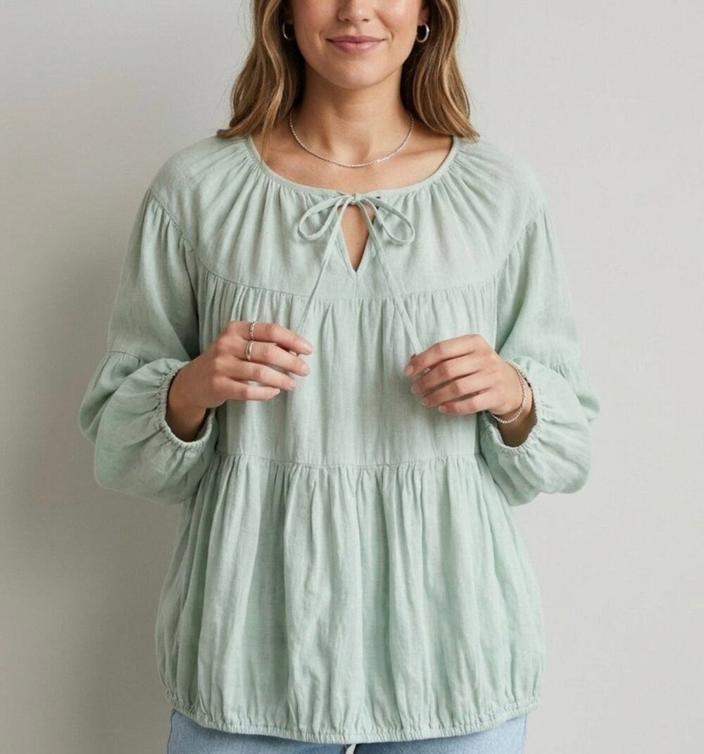 J.P. & Mattie Sage Green 100% Cotton Peasant Blouse Boho‎ Tiered Top Size M